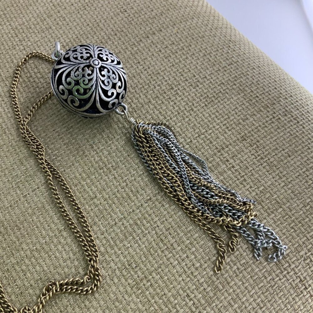 Lucky Brand Mixed Metals Distressed Boho Scroll Ball Tassel Long Necklace